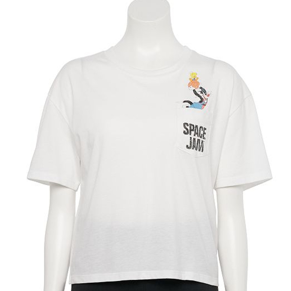 Disney Licensed Character juniors Cropped Space Jam Pocket Tee Large NWT